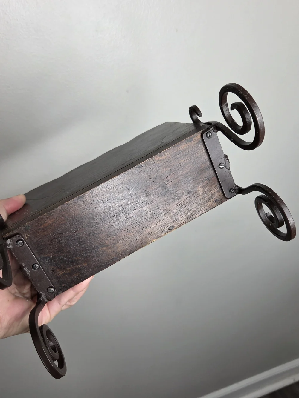 Vintage Wooden Desk Top Or Napkin Holder Scrolled Iron Legs